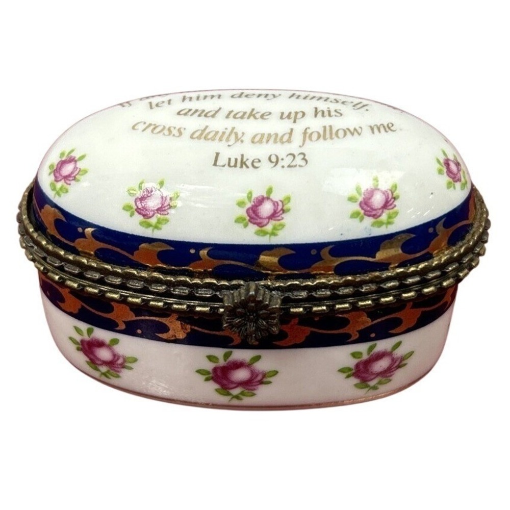 Imperial‎ Porcelain Trinket Box Luke 9:23 Religious Hinged Bible Verse Gold